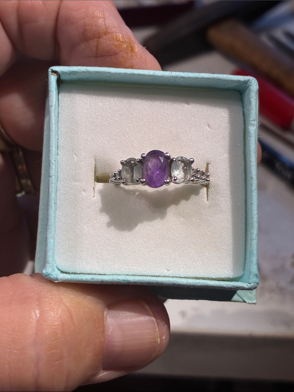 14K Amethyst and Aquamarine Ring.   Size 5
2.67 Grams